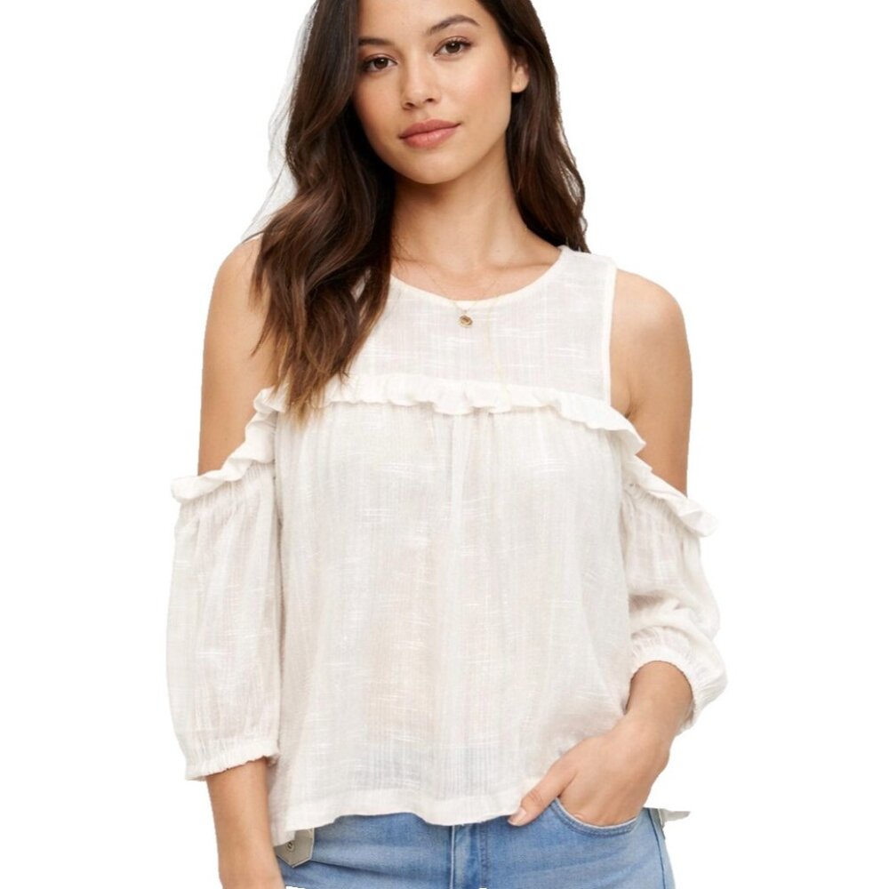 Anthropologie Meadow Rue BOHO Top Womens XS Cream Linen Cold Shoulder Ruffle